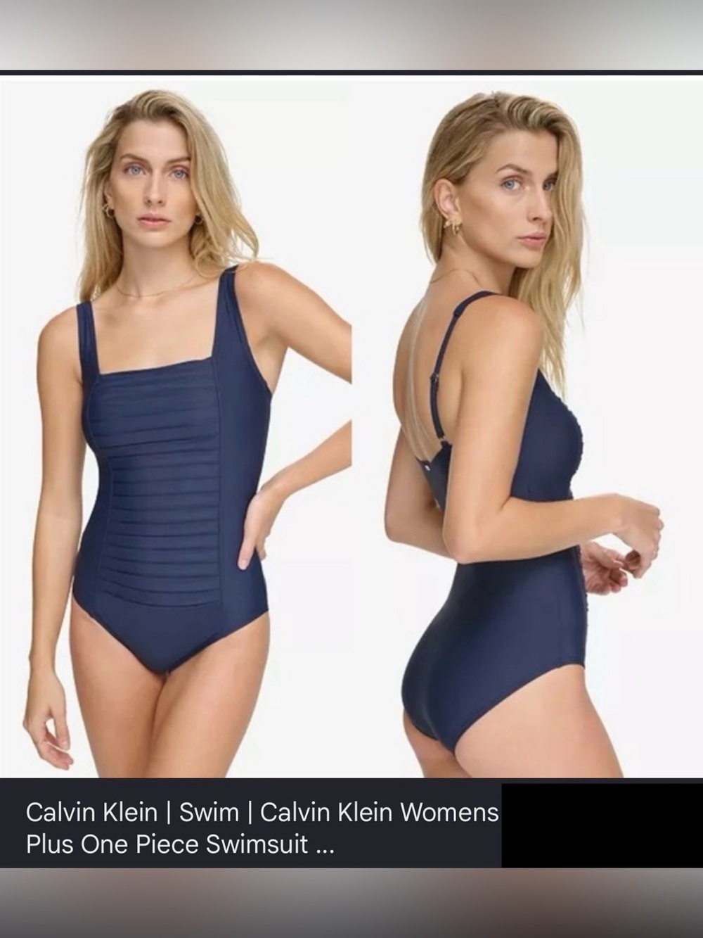 Calvin Klein Square Neck on Pleated-Front One
Piece Navy Swimsuit, Size 6, NWT